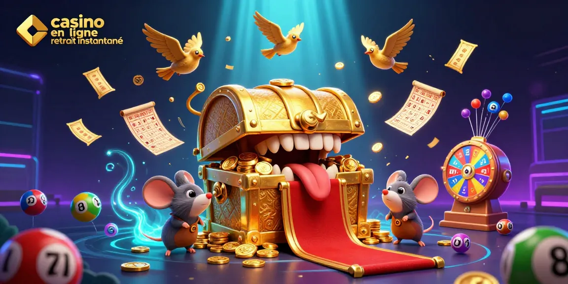 Gagnez à casino en ligne retrait instantané : illustration vibrante avec un coffre au trésor et des éléments ludiques de casino.