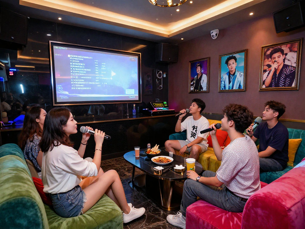 강남 타이밍에 맞춘 세련된 가라오케 분위기, 친구들과 함께 노래를 즐기는 모습