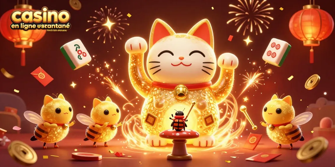 Casino en ligne retrait instantané : un chat chanceux animé entouré de symboles de jeu scintillants.