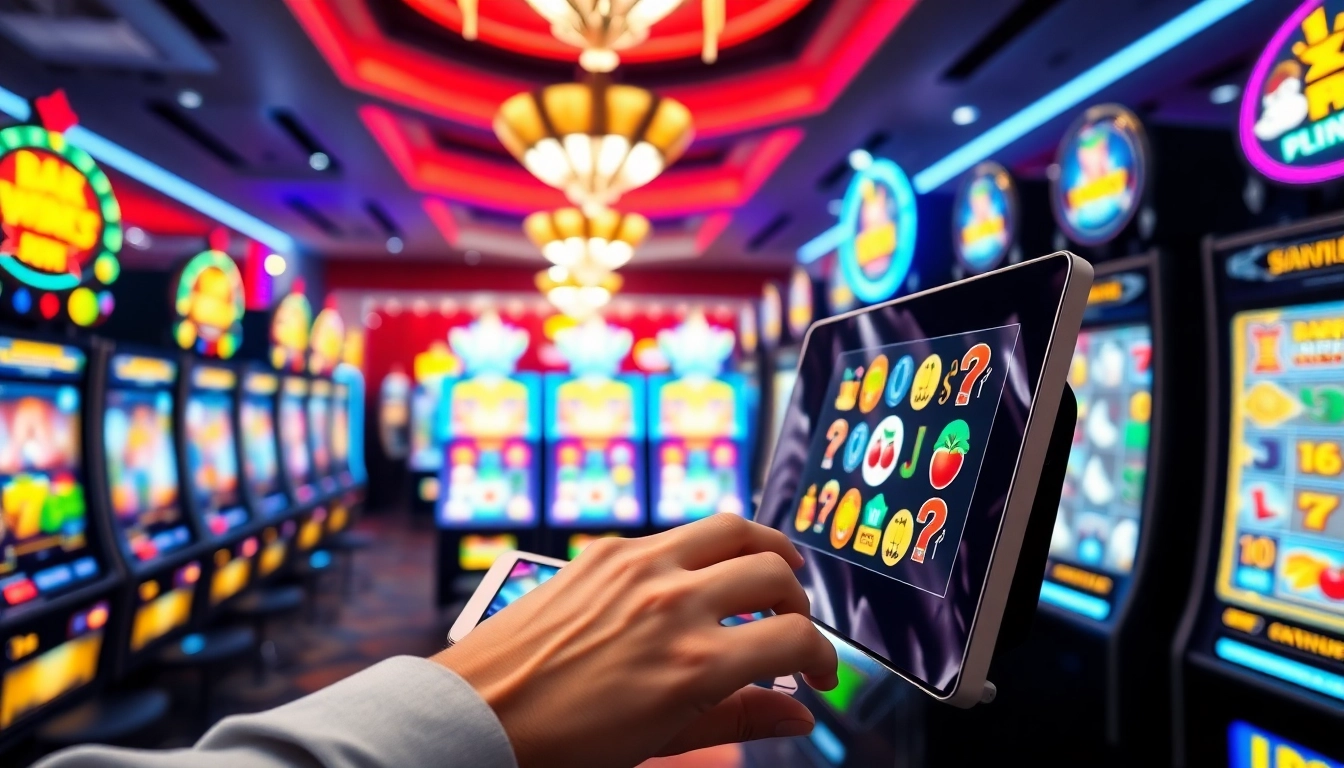 Engaged player enjoying Online slots Uk on a vibrant digital device in a lively casino environment.