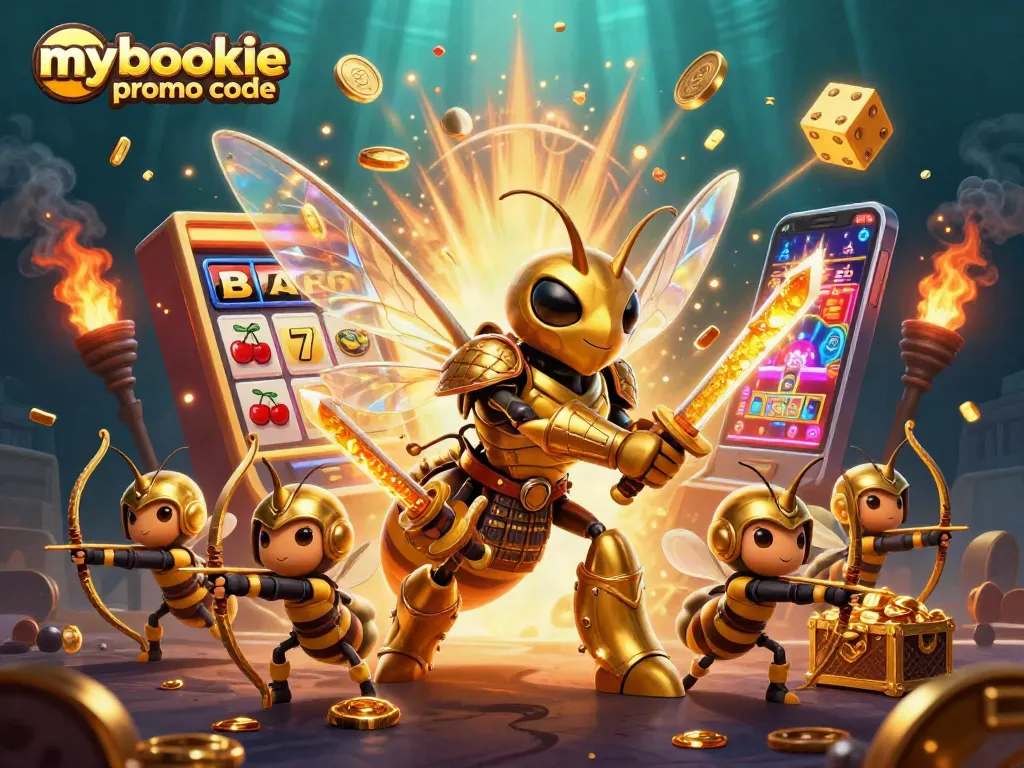 Win with MyBookie promo code through an exciting 3D casino adventure featuring vibrant slot machines and lucky symbols.