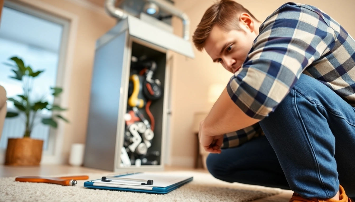 Technician performing furnace maintenance services on a unit in a cozy living room atmosphere.