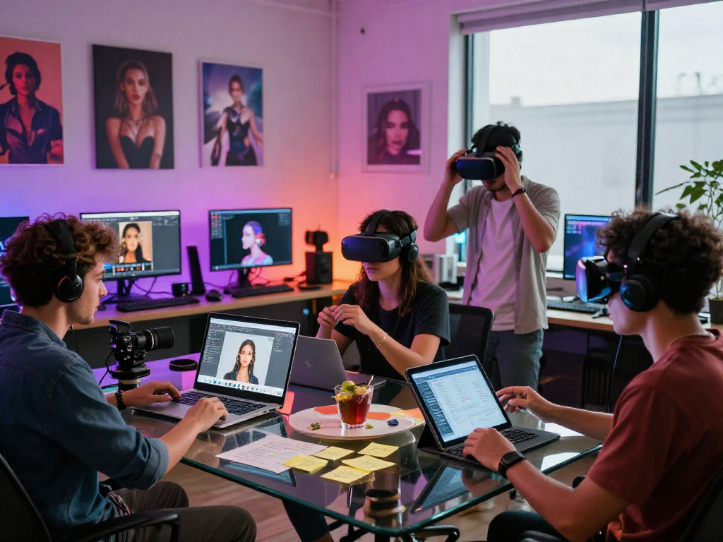 Creative team working on innovative AI porn projects in a vibrant studio space.