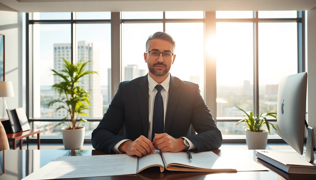 Engaging Boca Raton Real Estate Litigation Lawyer actively reviewing a document in an elegant office.
