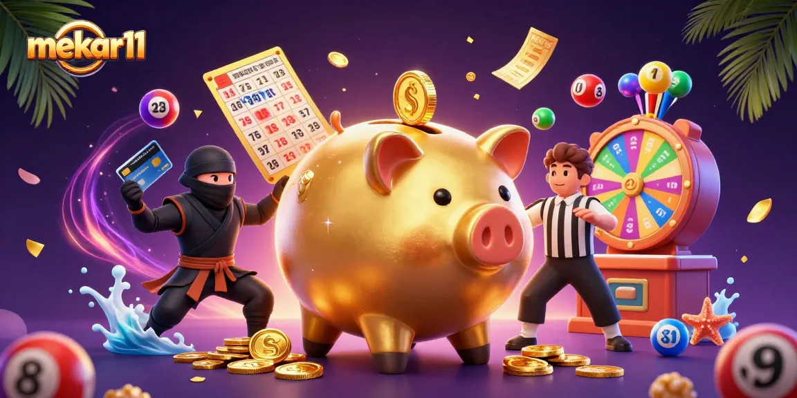 Engage with mekar11 as the golden piggy bank sumo wrestler stirs excitement amidst a cascade of vibrant lottery elements.