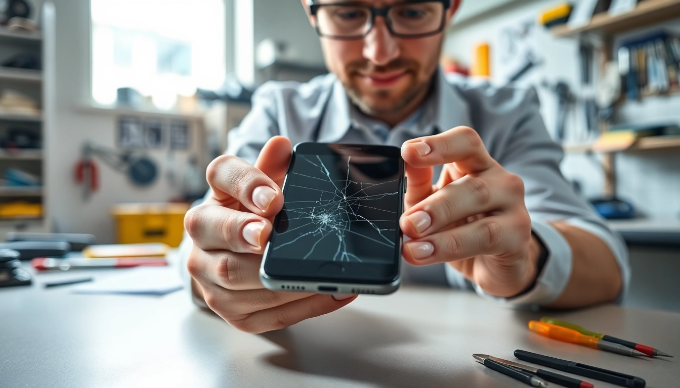 Sell cracked phone with a technician assessing and repairing it in a bright workshop.