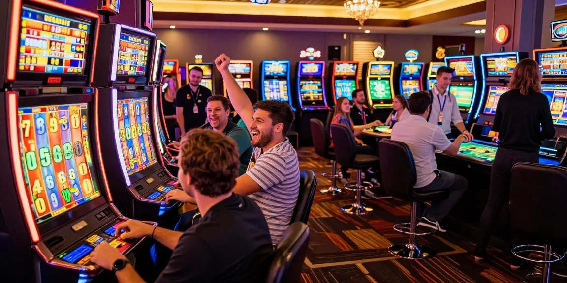 Exciting slot gaming scene with players celebrating wins amidst vibrant, colorful machines.