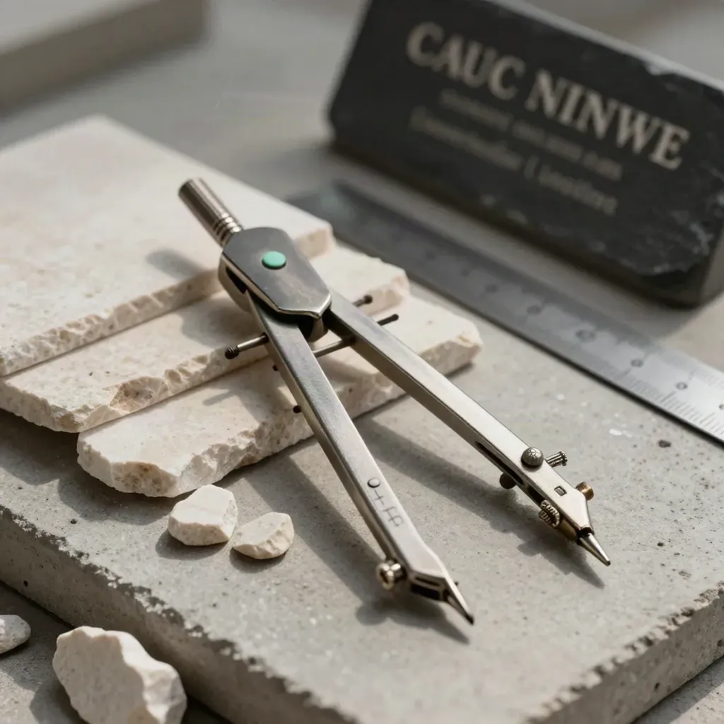 Open compass, straightedge, and stone chips on concrete with dramatic light.