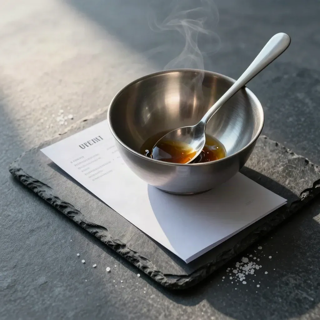 Top-down still life of a steel bowl, slate spoon, and folded order slip on dark stone.