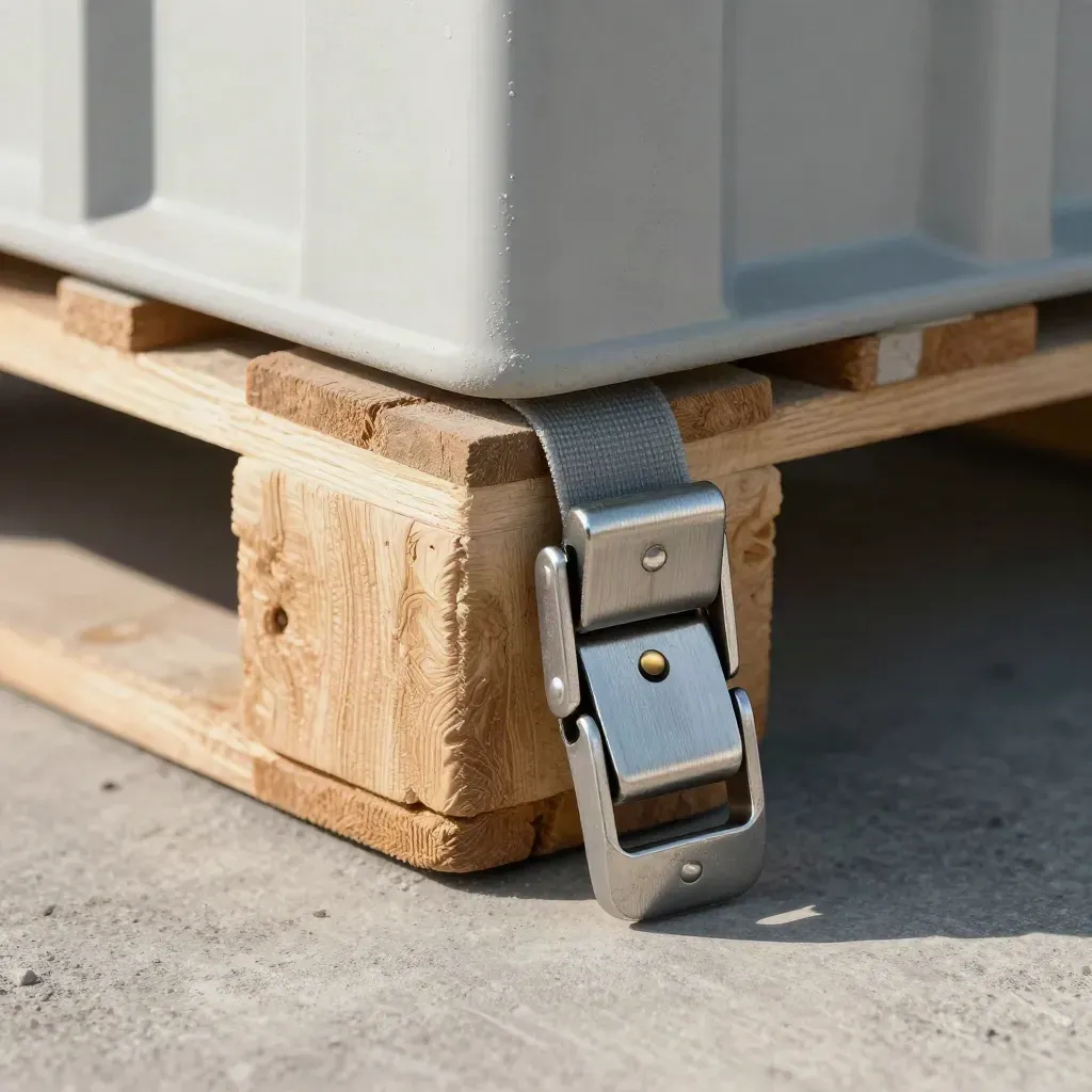 Macro freight seal and steel buckle on a pallet corner in warehouse haze.