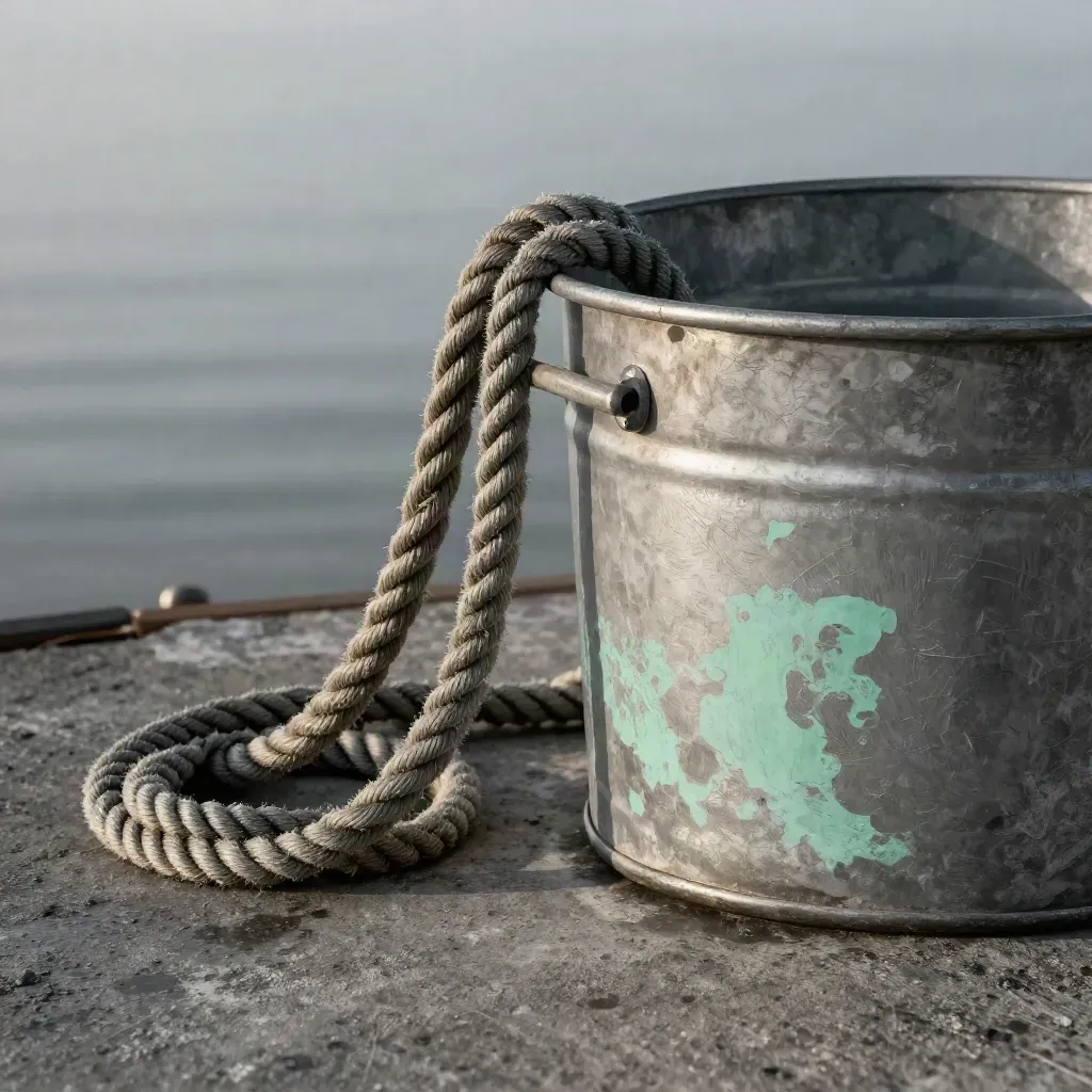 Dock cleat, rope coil, and weathered metal bin on sea-worn concrete in salt haze.