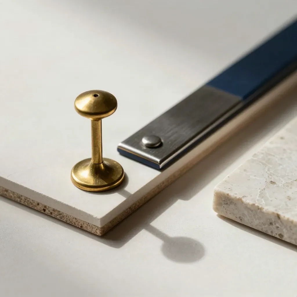 Brass weight, steel slider, and stone sample on pale plaster in soft raking light
