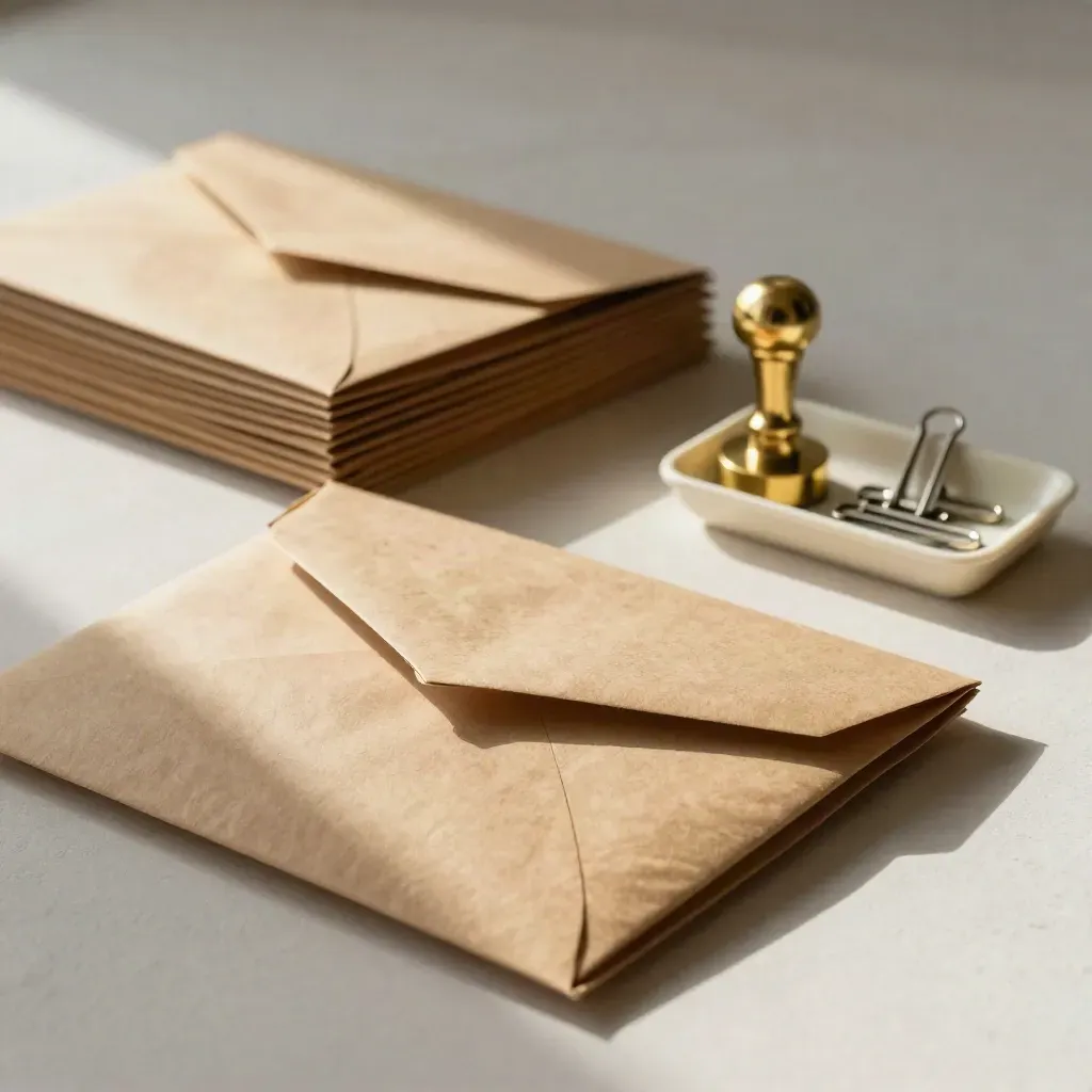 Kraft bill envelopes, brass date stamp and paper clip tray on pale plaster in soft daylight