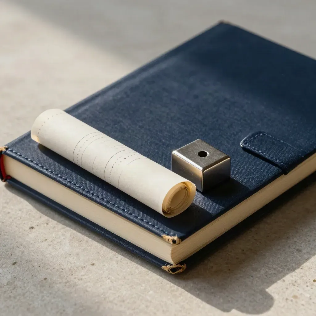 Diagonal ledger, receipt rolls, and steel paperweight on stone in dramatic top-down light.