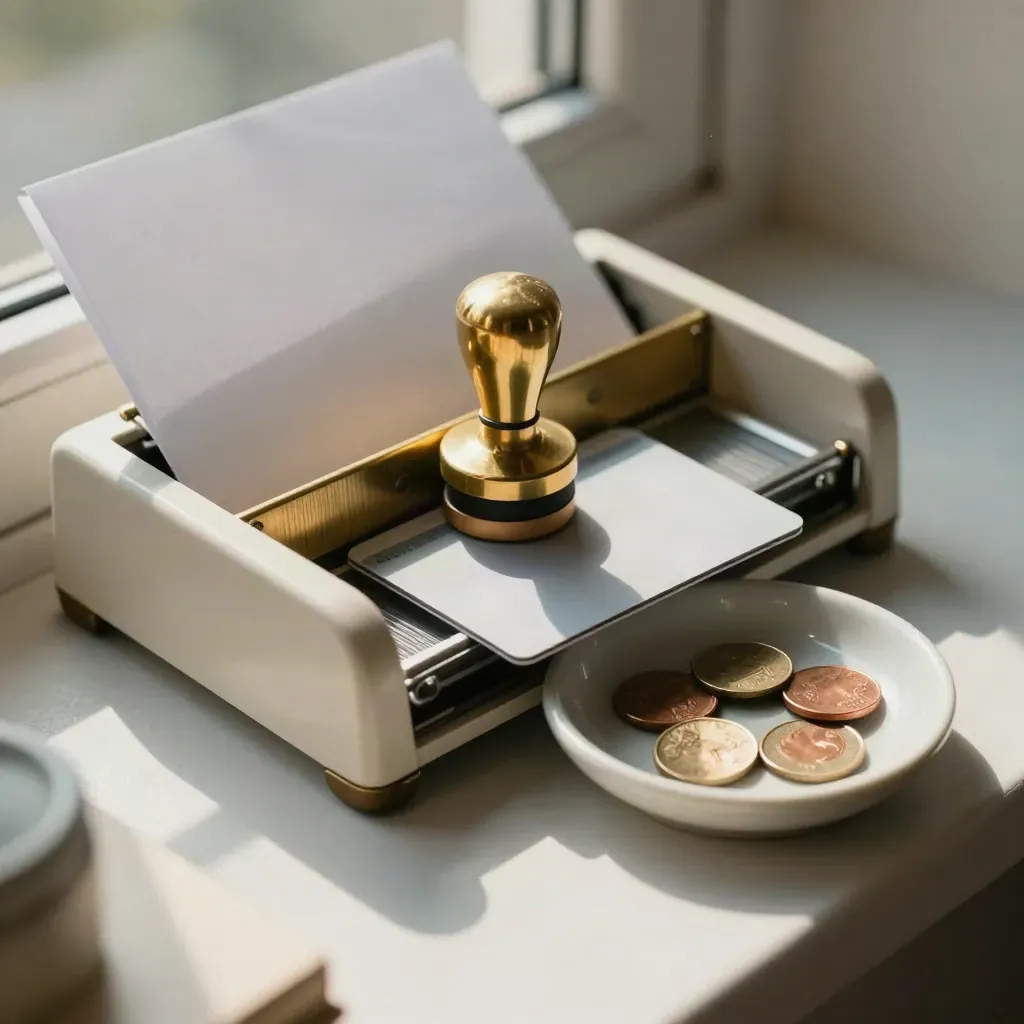 Overhead macro of bill sorter, brass stamp, bank card and coin dish on pale plaster.