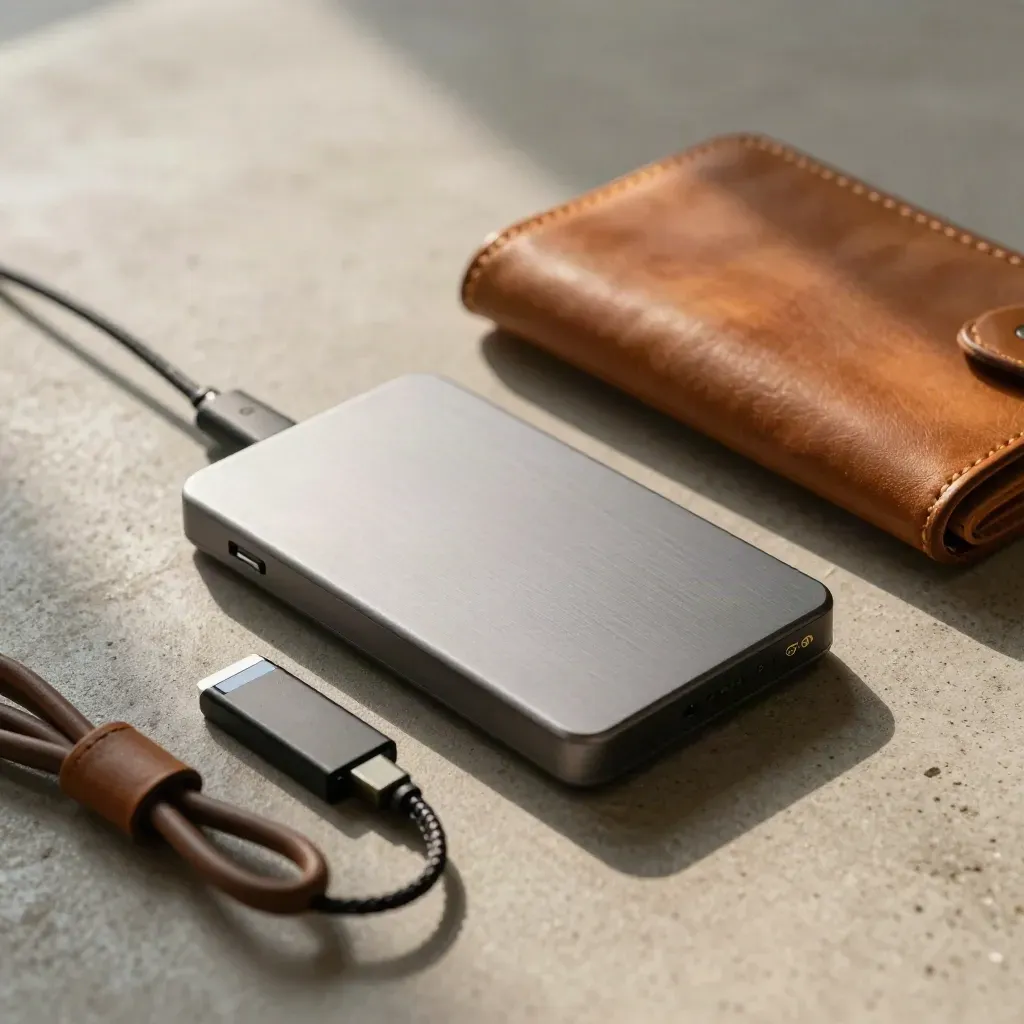 Portable SSD, card reader, cable wrap, and leather folio on a concrete desk in soft raking light.