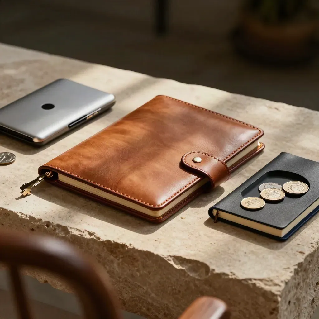 Leather folio, card reader, and coin tray on warm stone with dramatic shadows.