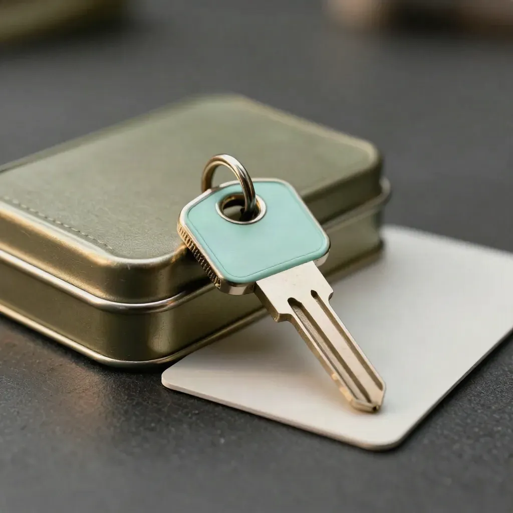 Brushed metal tin, mint-accent security key, and unprinted card on dark matte surface in macro light