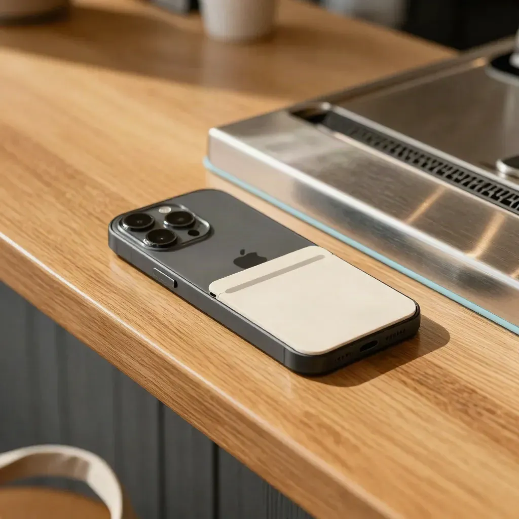 Smartphone, contactless terminal and card sleeve on a cafe counter, shot through a blurred tote strap.