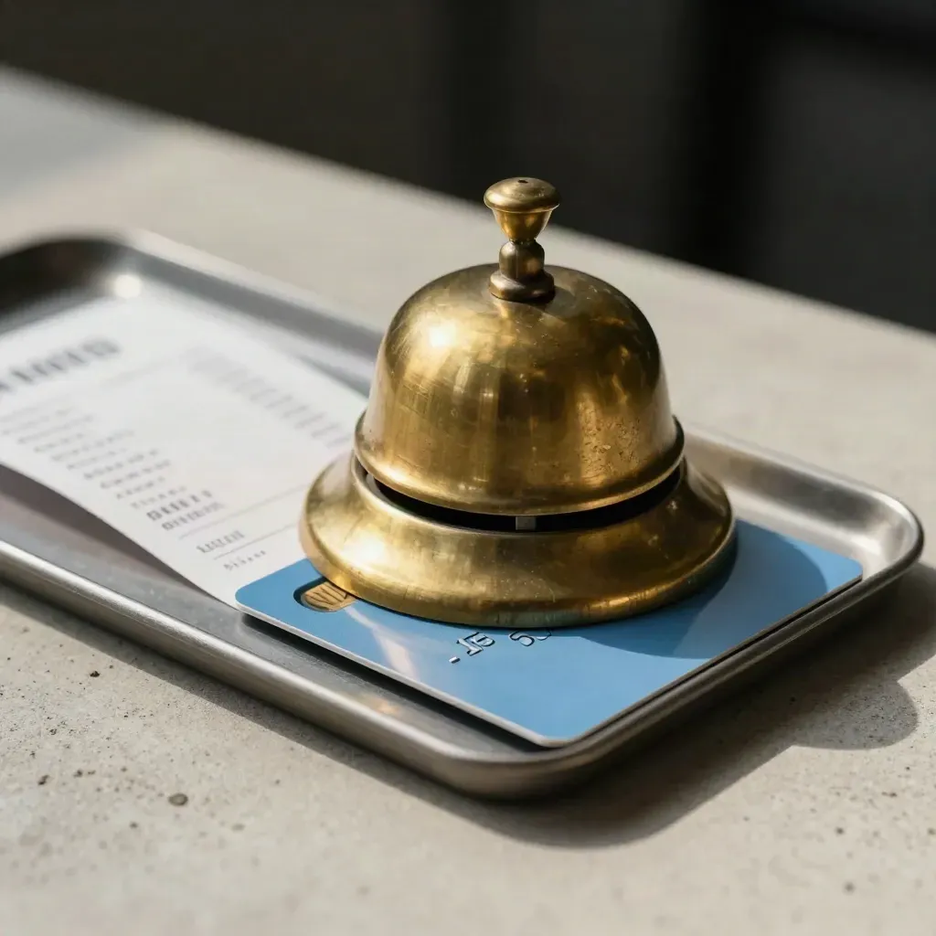 Brass bell, receipt tray, and clipped card on pale concrete with dark bokeh.
