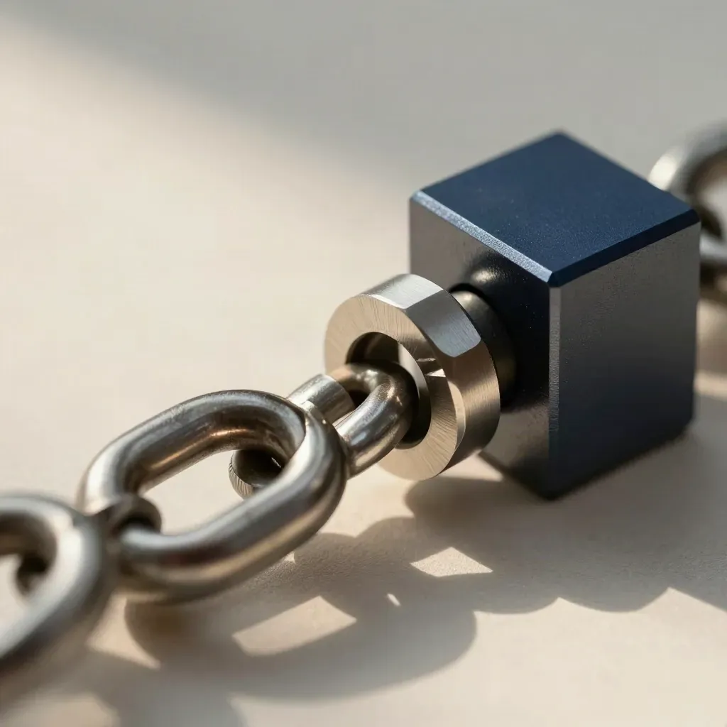 Linked metal rings, connector, and modular block on brushed aluminum with diagonal light