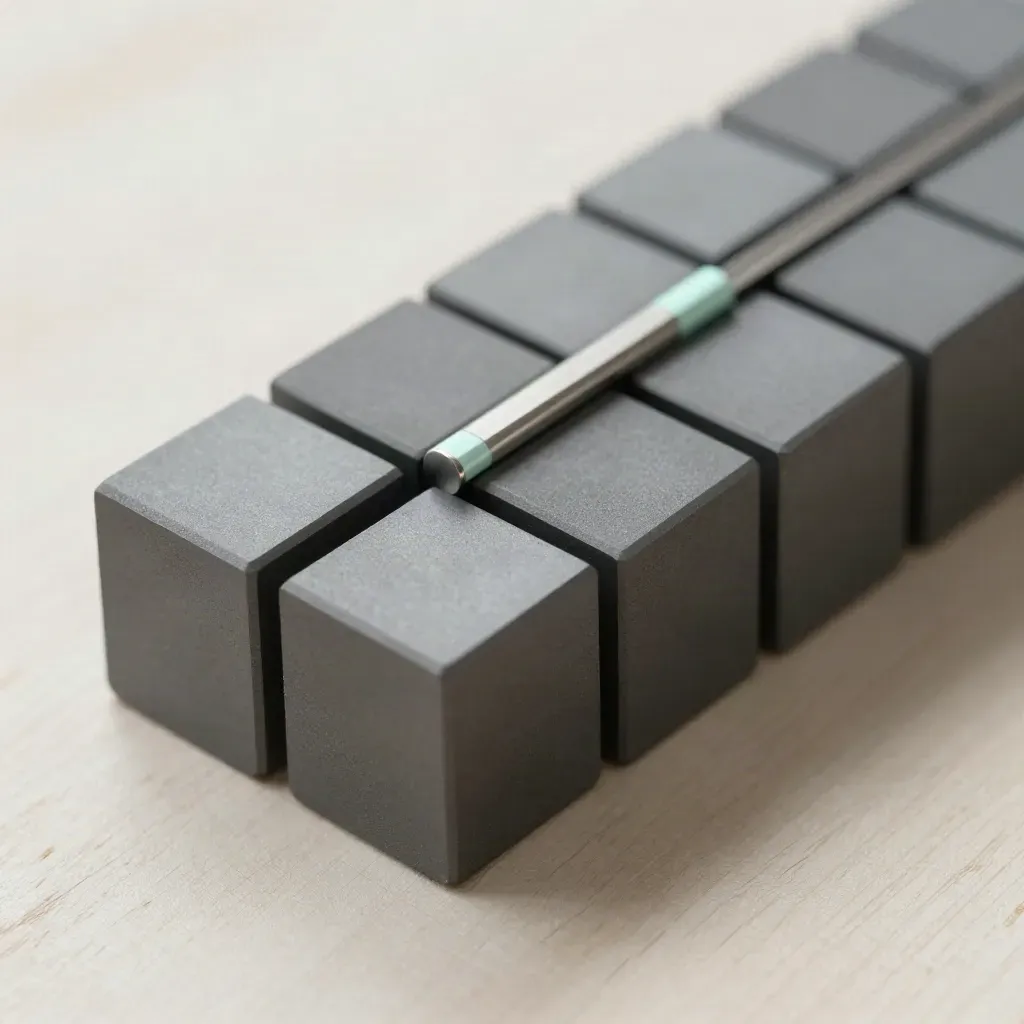 Extreme macro of graphite cubes, a metal connector bridge and spacer on pale wood