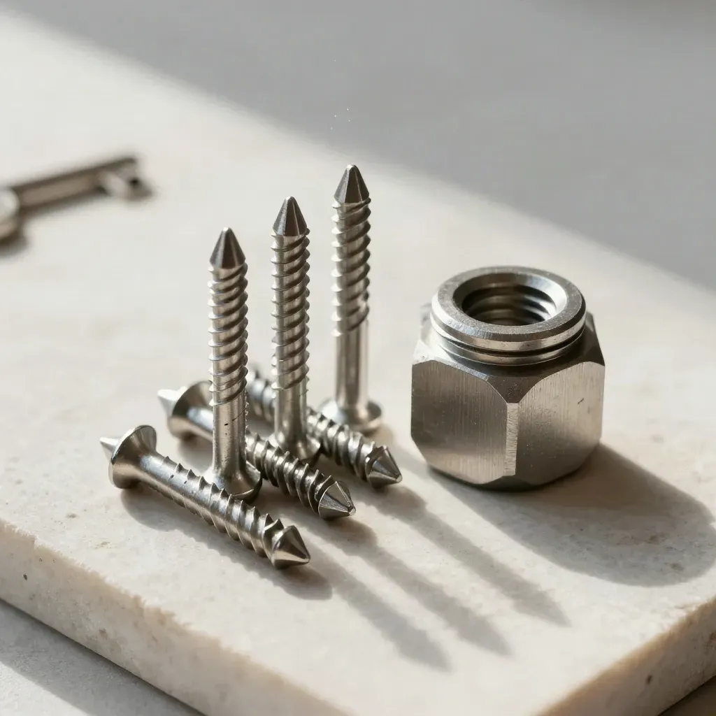 Precision metal connectors and a square joint block on pale stone, lit dramatically in a fintech still life.