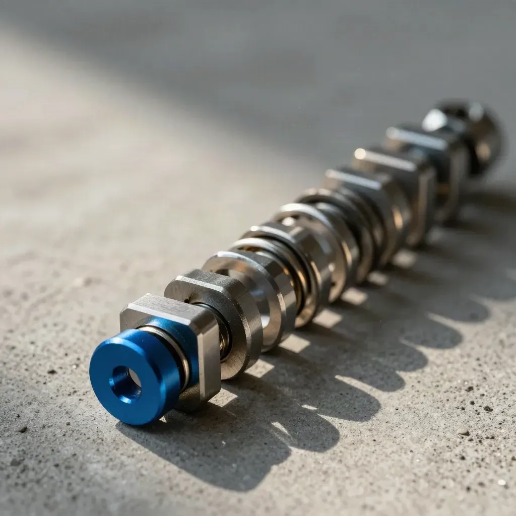 Linked metal clips, spring and joiner arcing across grey concrete with blue accent.