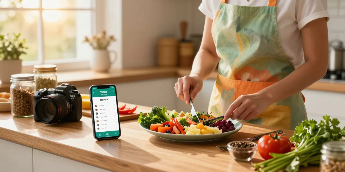 Preparing a healthy meal using the best calorie tracker app in a sunlit kitchen.