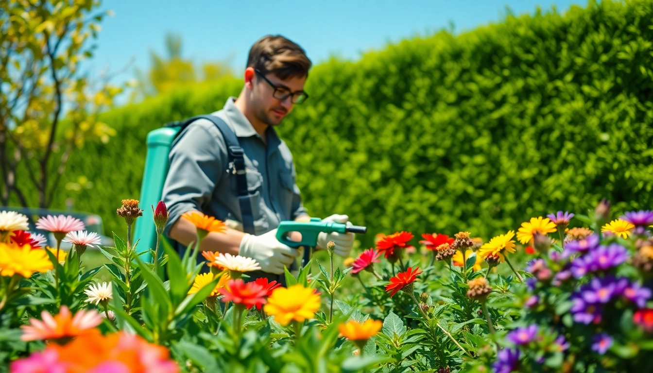 Seasonal pest treatment technician applying eco-friendly solutions in a vibrant garden.