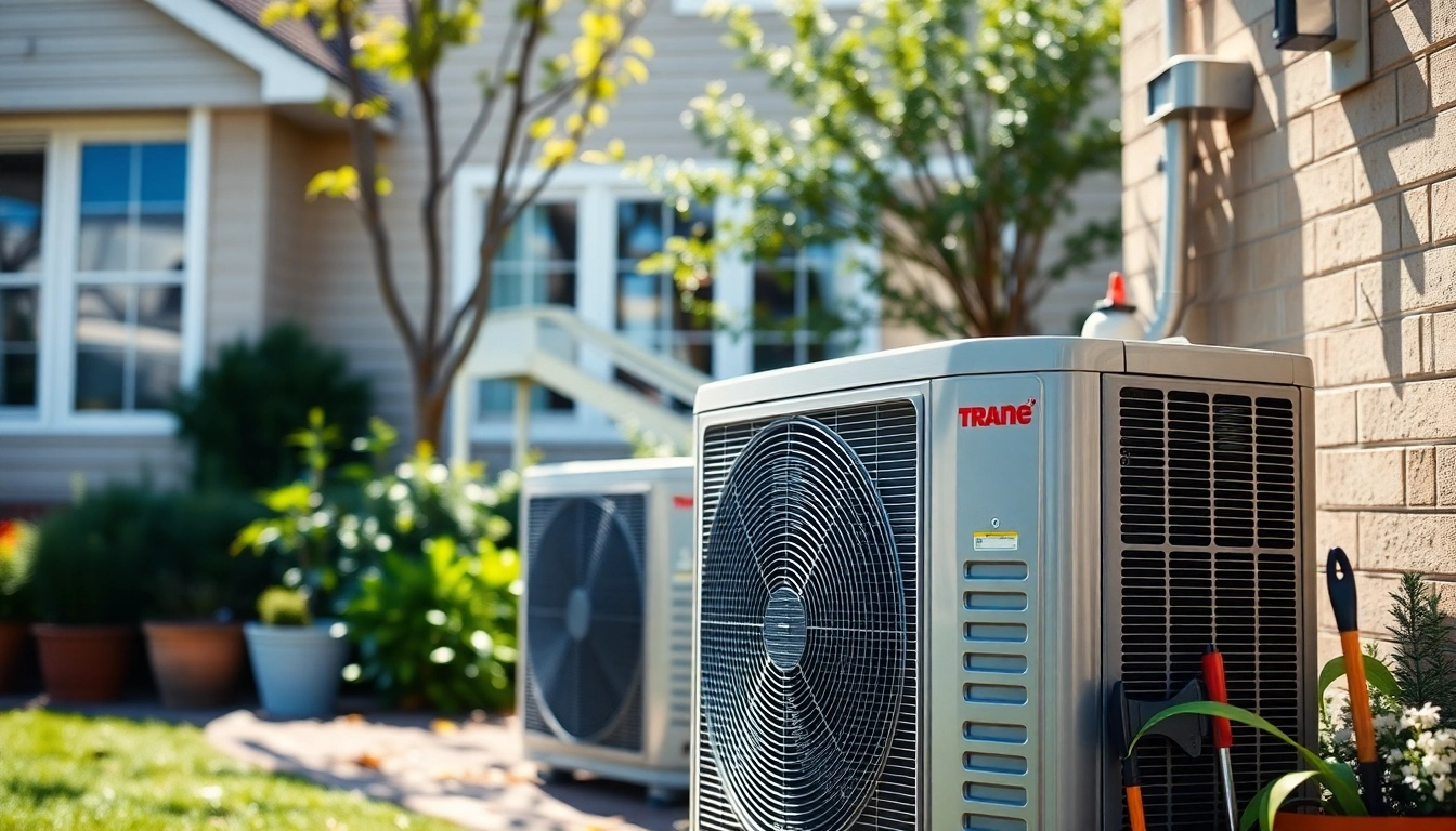 Install Trane heat pumps in a suburban setting, showcasing energy efficiency and modern design.