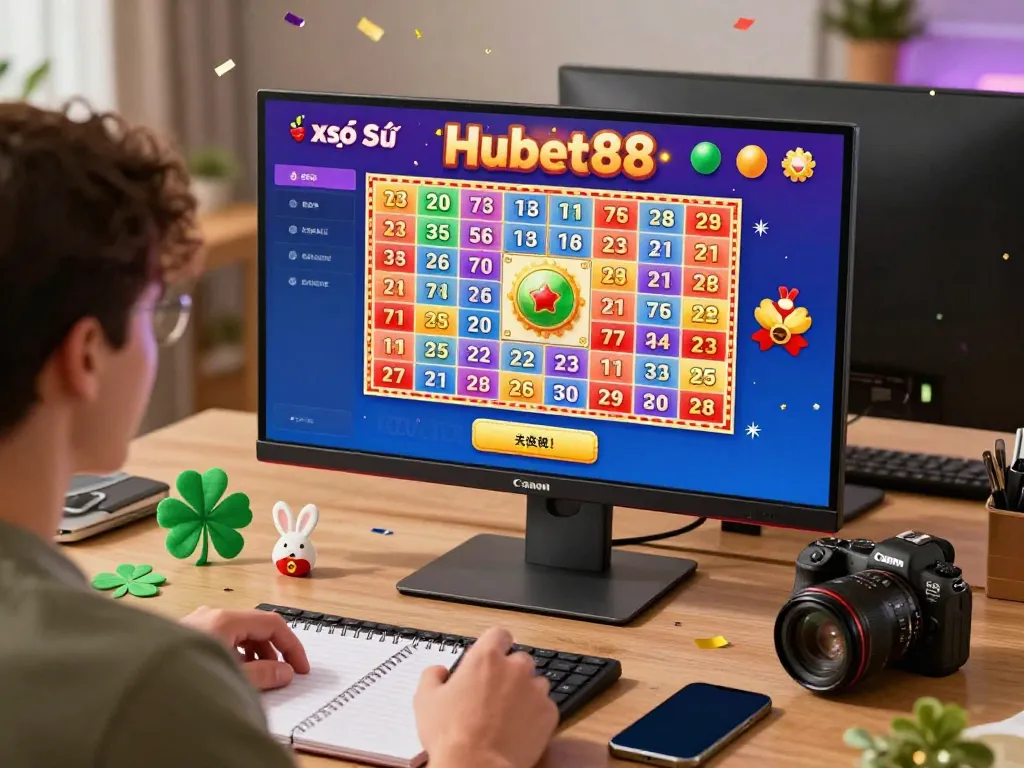 Exciting online gaming scene showcasing xổ số hubet88 with vibrant graphics and a joyful player celebrating strategy.