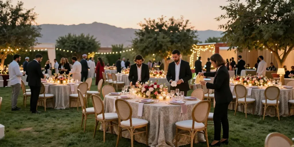 Event rental KSA setup at elegant outdoor wedding with decorative tables and chairs.