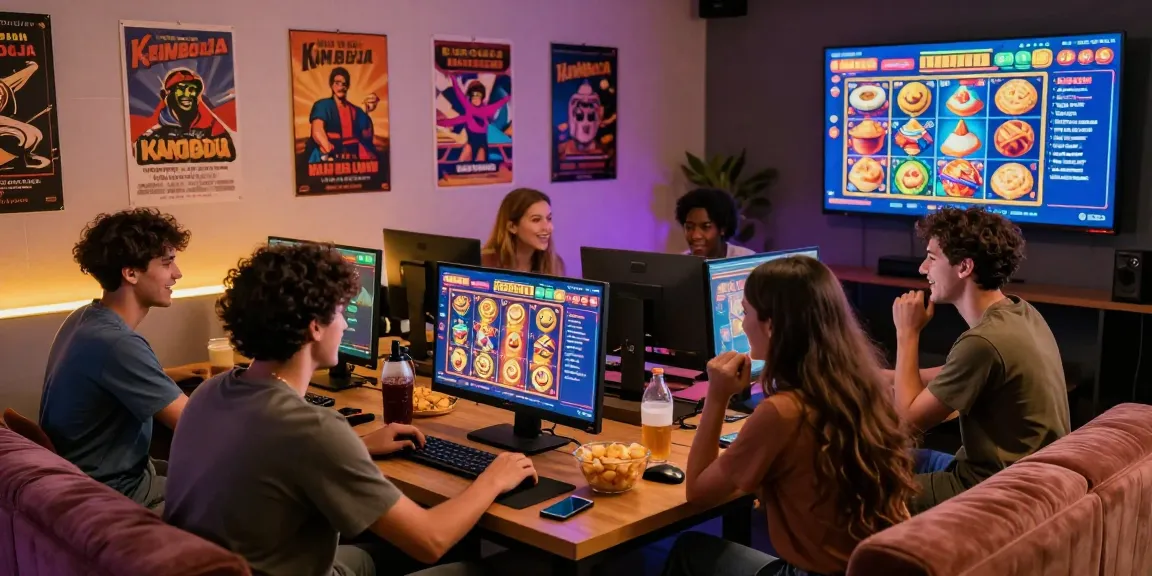 Excited players enjoying the slot kamboja online game in a cozy gaming setup.