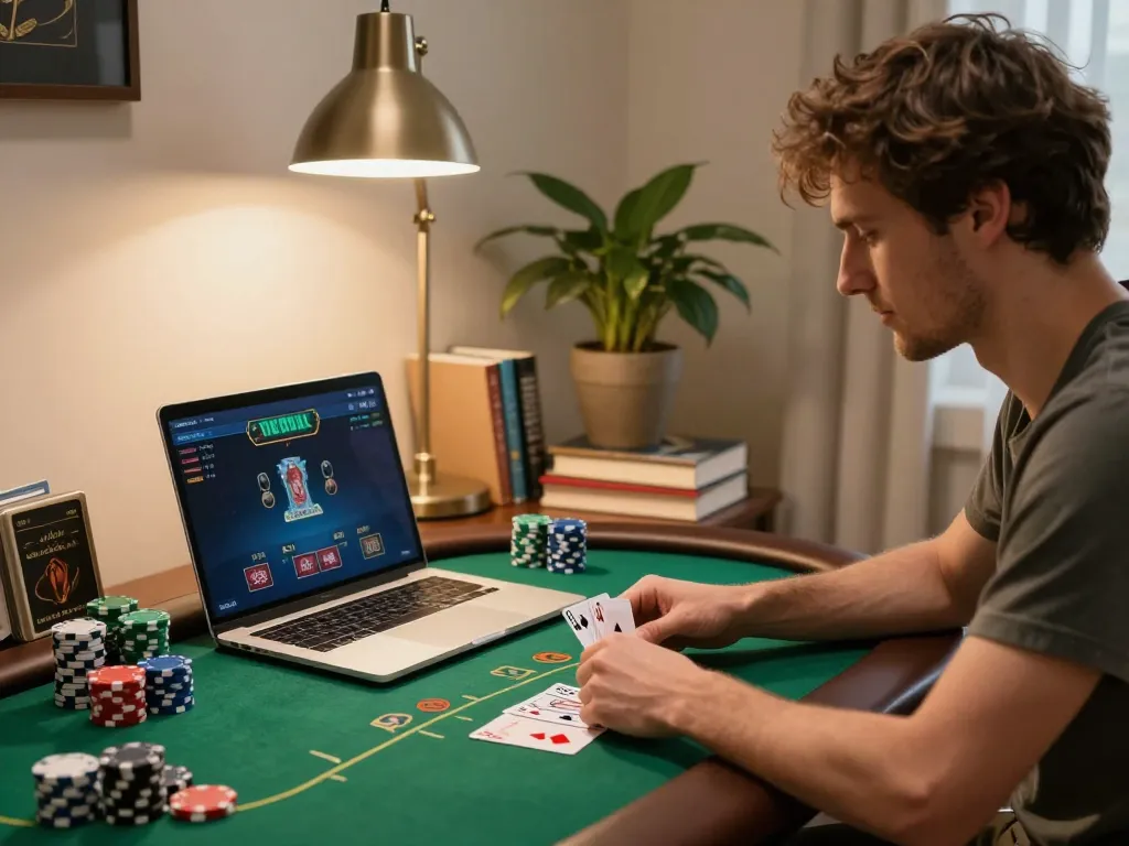 Player engaging in king33 online poker game from home, focusing on betting strategies in a cozy atmosphere.