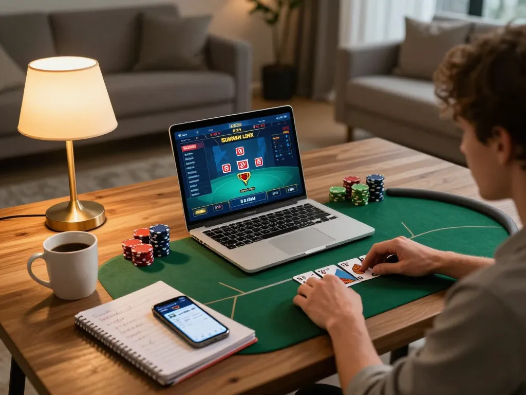 Sitting at home, using SUNWIN LINK for an engaging online poker game setup, with betting strategy notes.