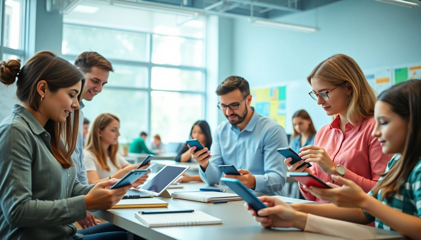 Utilizing smartphone solution in school life, students collaborate and engage with educational technology.