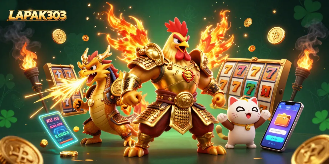 LAPAK303 slots come alive with an epic showdown between a rooster warrior and dragon hatchling.