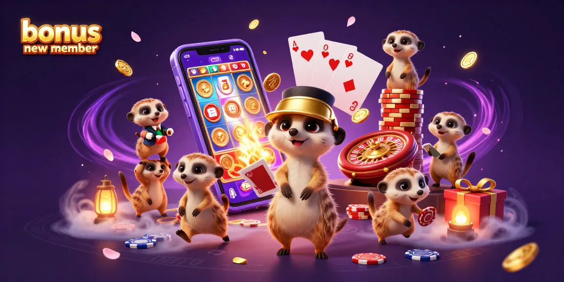 Engage with the thrilling world of casinos featuring a bonus new member graphic showcasing meerkats managing games.