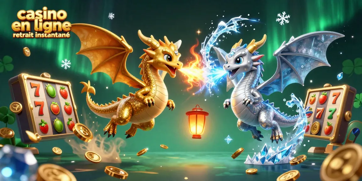 Illustration dynamique de jeu montrant un casino en ligne retrait instantané avec dragons, jetons et éléments de chance.