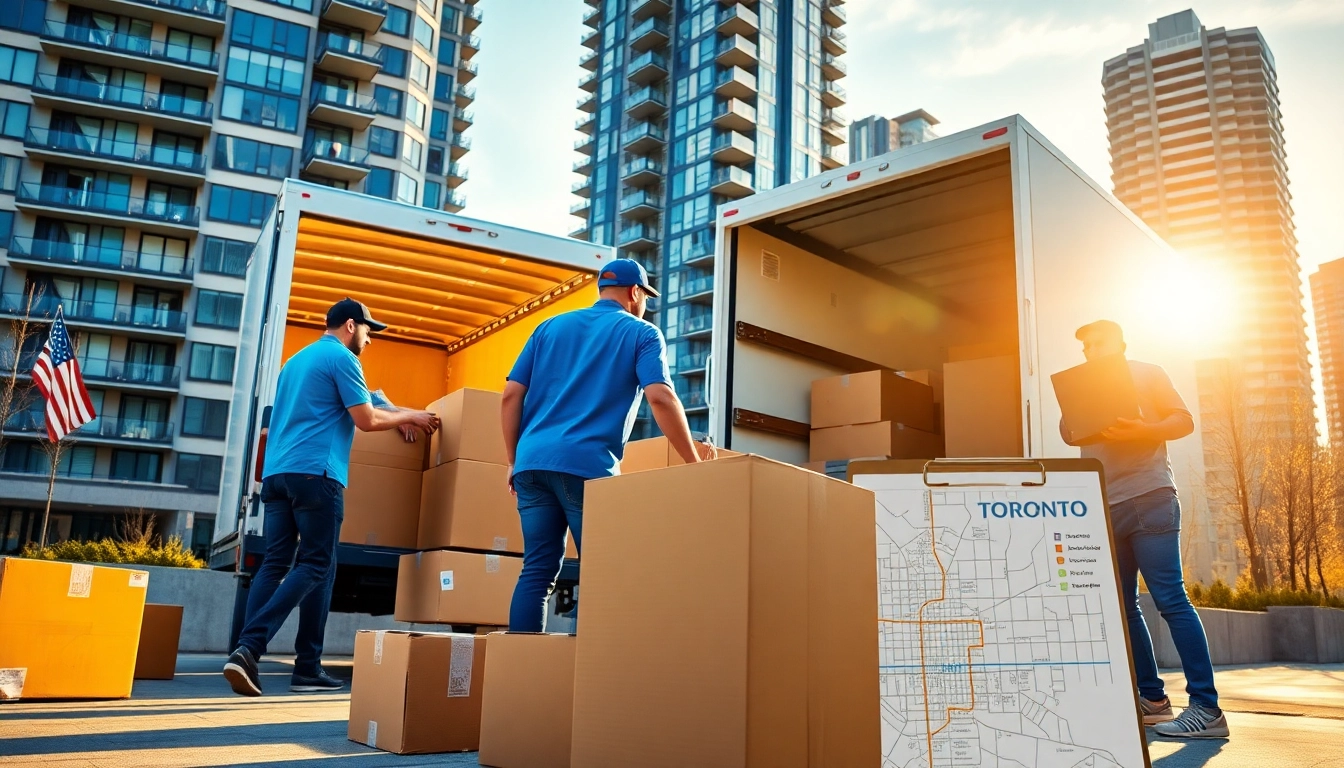 Toronto moving company helping a family relocate, showcasing efficient movers and modern urban backdrop.