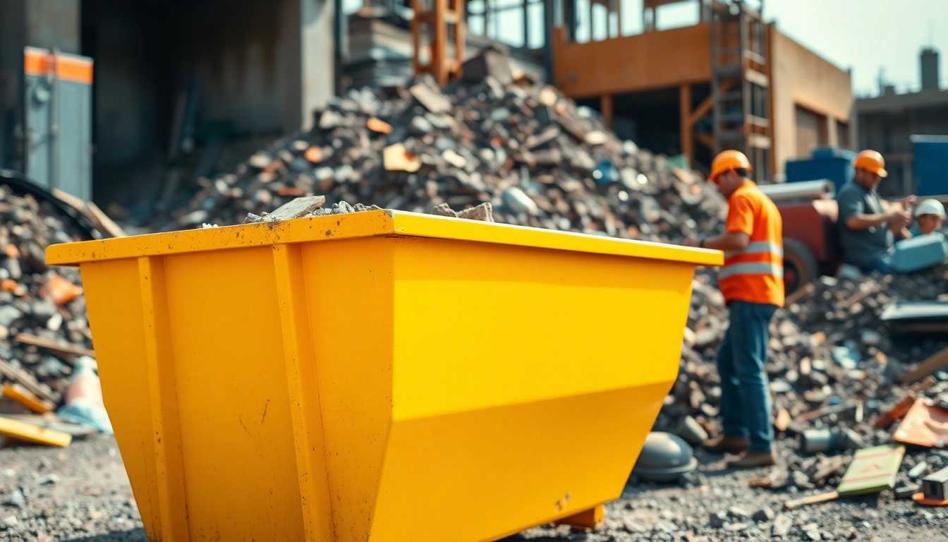 Efficient skip hire at a construction site with workers loading materials.