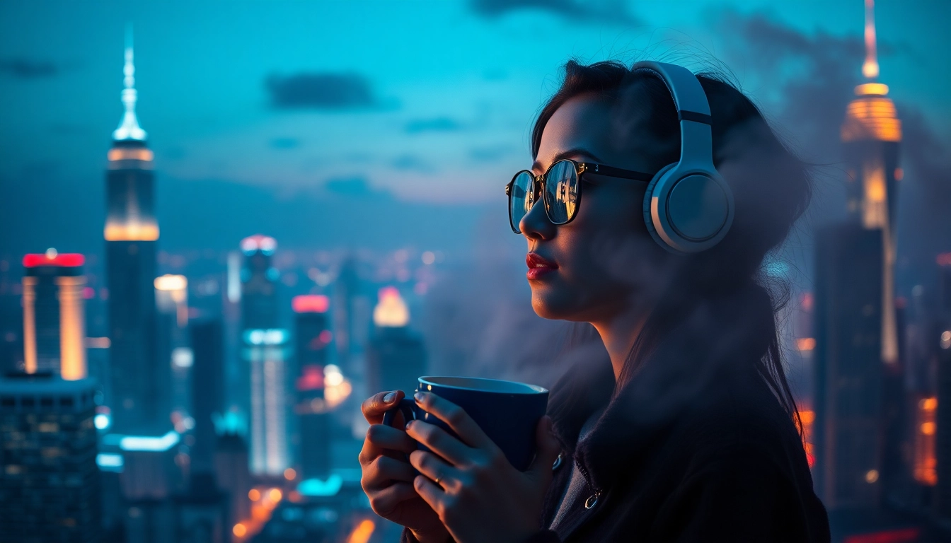Image to prompt generator showcasing a young woman lost in thought against a neon city skyline.