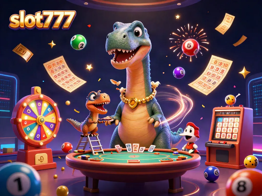 Bermain slot777 dengan dinosaur berkepala brontosaurus di kasino, kartu berjatuhan di sekitarnya.
