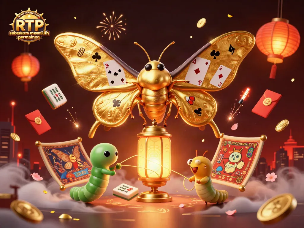 Mengevaluasi RTP sebelum memilih permainan dengan ilustrasi kasino 3D menarik oleh kupu-kupu raksasa dan elemen kasino lainnya.