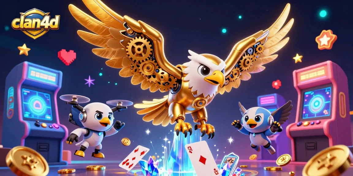 Experience exciting gameplay in clan4d as the golden eagle dives through holographic cards, surrounded by vibrant arcade elements.