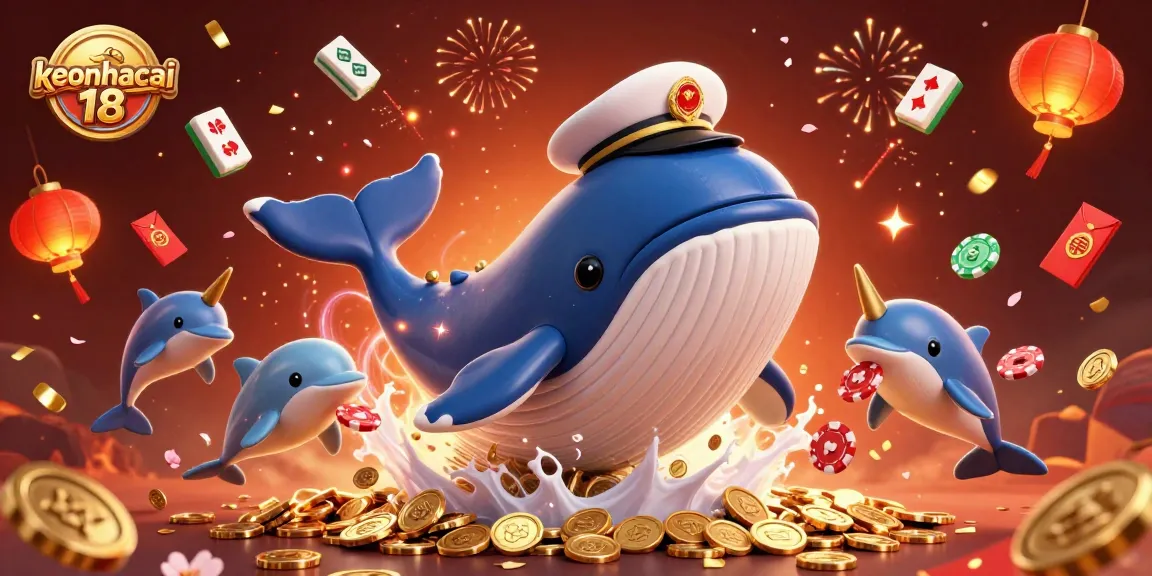 Engage with keonhacai 18's vibrant scene of a whale breeching through coins, showcasing dynamic gambling elements.