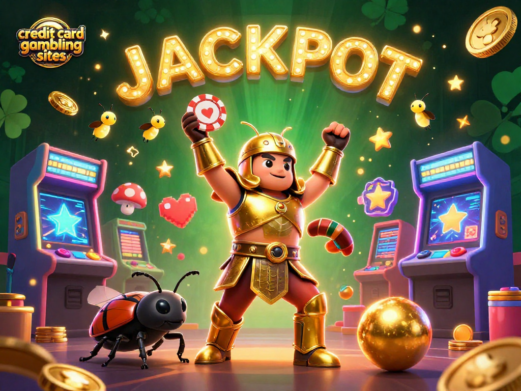 Engage with credit card gambling sites featuring a triumphant beetle character amidst dynamic casino elements.