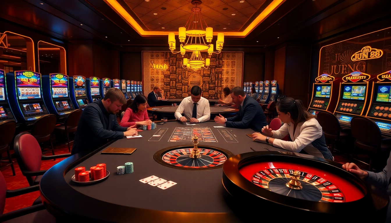 Experience the thrill of Jun 88 at a luxurious casino table with engaging players and glamorous lighting.