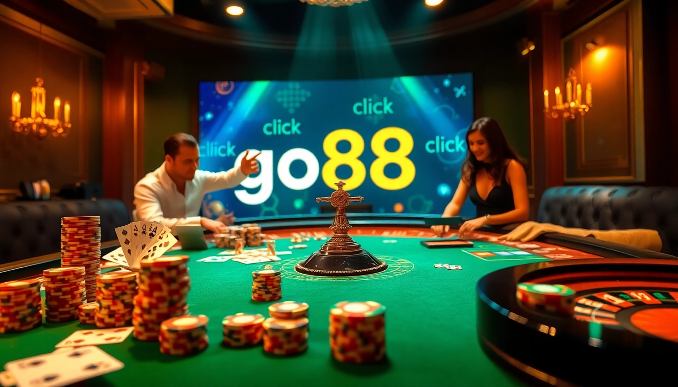 Experience thrilling moments at GO88 click with an exciting casino scene featuring players at a vibrant roulette table.